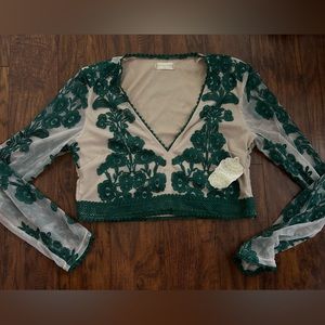Altar’d State green lace nude crop top long sleeves NWT Christmas Holiday XL